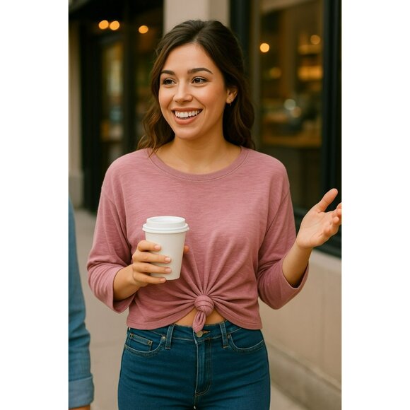 Free People FP Beach Pink Tie-Front Knit Womens Medium Long Sleeve Crop Top - Picture 2 of 11